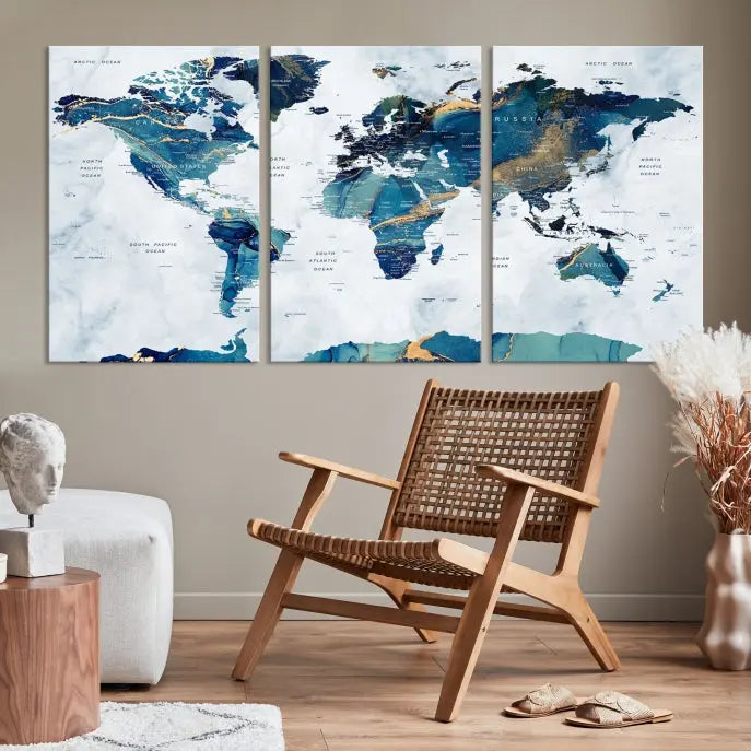 A hand-assembled, framed three-panel Watercolor World Map Wall Art Canvas Print graces the space. Ready to hang and crafted with museum-quality polycotton, this piece adds elegance to any area.