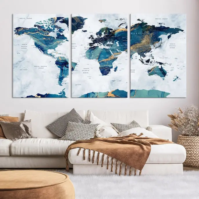 A hand-assembled, framed three-panel Watercolor World Map Wall Art Canvas Print graces the space. Ready to hang and crafted with museum-quality polycotton, this piece adds elegance to any area.