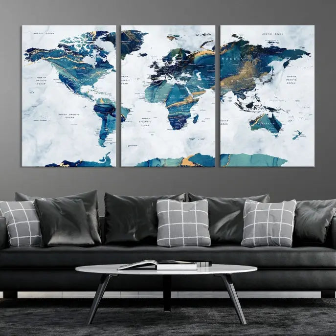 A hand-assembled, framed three-panel Watercolor World Map Wall Art Canvas Print graces the space. Ready to hang and crafted with museum-quality polycotton, this piece adds elegance to any area.