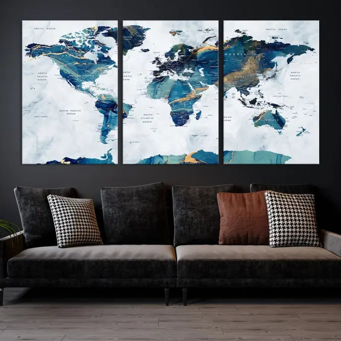 A hand-assembled, framed three-panel Watercolor World Map Wall Art Canvas Print graces the space. Ready to hang and crafted with museum-quality polycotton, this piece adds elegance to any area.