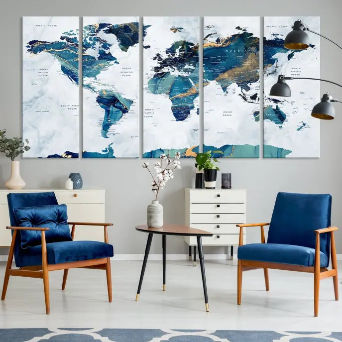 A hand-assembled, framed three-panel Watercolor World Map Wall Art Canvas Print graces the space. Ready to hang and crafted with museum-quality polycotton, this piece adds elegance to any area.