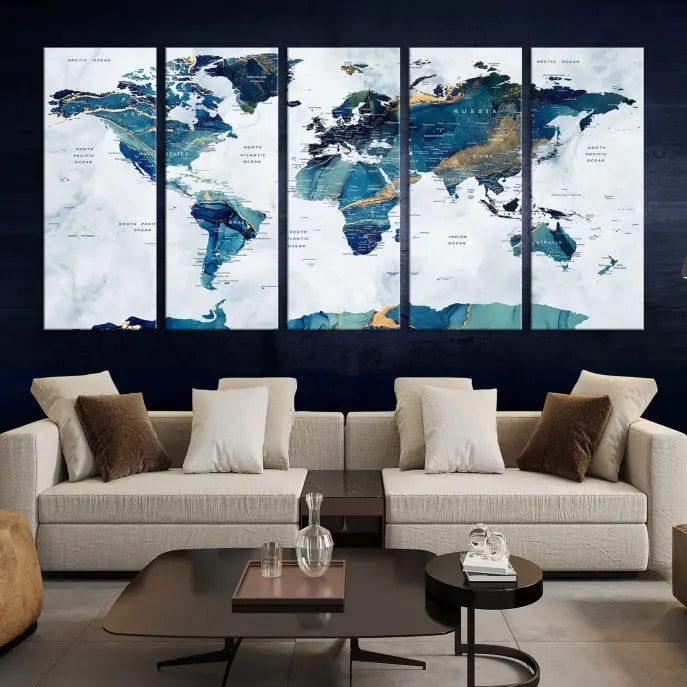 A hand-assembled, framed three-panel Watercolor World Map Wall Art Canvas Print graces the space. Ready to hang and crafted with museum-quality polycotton, this piece adds elegance to any area.