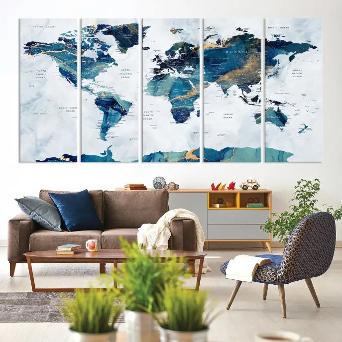 A hand-assembled, framed three-panel Watercolor World Map Wall Art Canvas Print graces the space. Ready to hang and crafted with museum-quality polycotton, this piece adds elegance to any area.