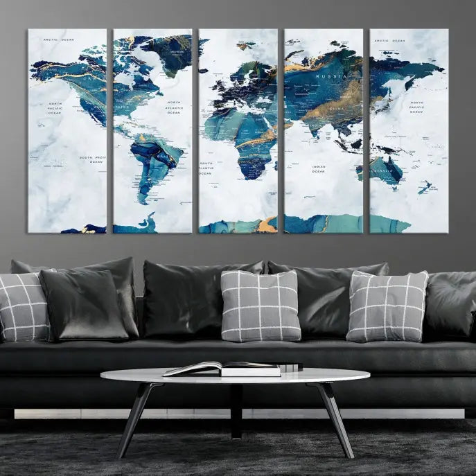 A hand-assembled, framed three-panel Watercolor World Map Wall Art Canvas Print graces the space. Ready to hang and crafted with museum-quality polycotton, this piece adds elegance to any area.