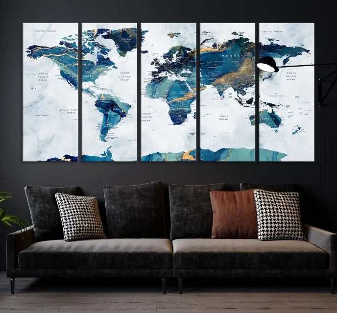 A hand-assembled, framed three-panel Watercolor World Map Wall Art Canvas Print graces the space. Ready to hang and crafted with museum-quality polycotton, this piece adds elegance to any area.