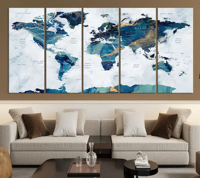 A hand-assembled, framed three-panel Watercolor World Map Wall Art Canvas Print graces the space. Ready to hang and crafted with museum-quality polycotton, this piece adds elegance to any area.