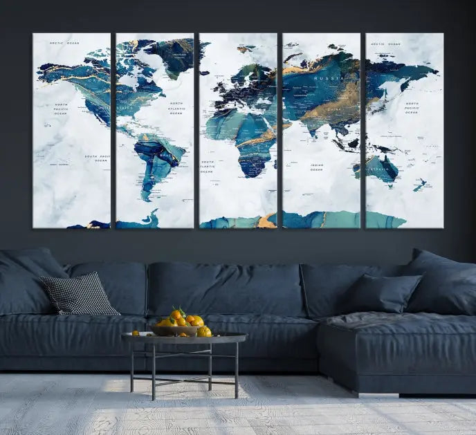 A hand-assembled, framed three-panel Watercolor World Map Wall Art Canvas Print graces the space. Ready to hang and crafted with museum-quality polycotton, this piece adds elegance to any area.