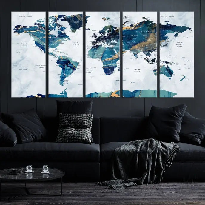 A hand-assembled, framed three-panel Watercolor World Map Wall Art Canvas Print graces the space. Ready to hang and crafted with museum-quality polycotton, this piece adds elegance to any area.