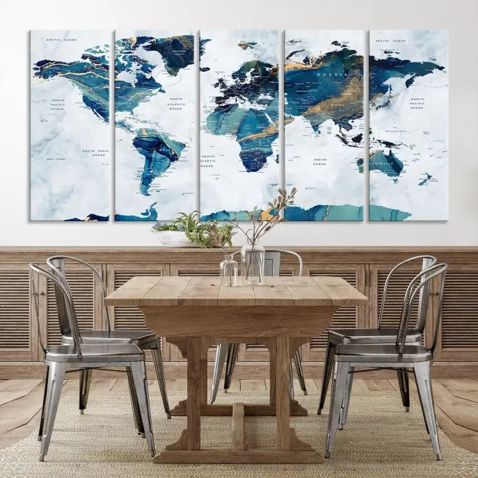 A hand-assembled, framed three-panel Watercolor World Map Wall Art Canvas Print graces the space. Ready to hang and crafted with museum-quality polycotton, this piece adds elegance to any area.