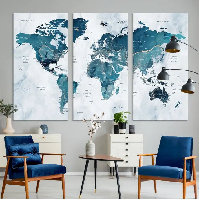 A Watercolor World Map Wall Art Canvas Print, crafted on museum-quality canvas, is displayed.