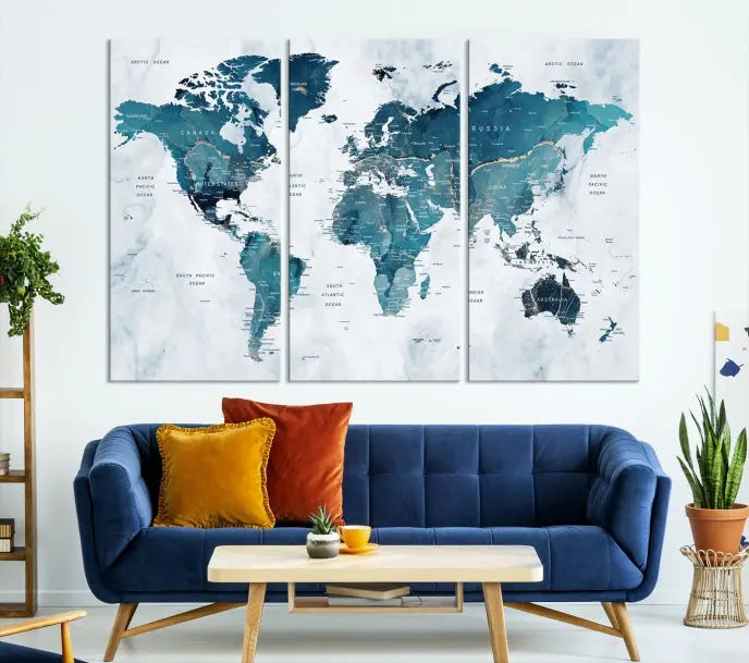 A Watercolor World Map Wall Art Canvas Print, crafted on museum-quality canvas, is displayed.