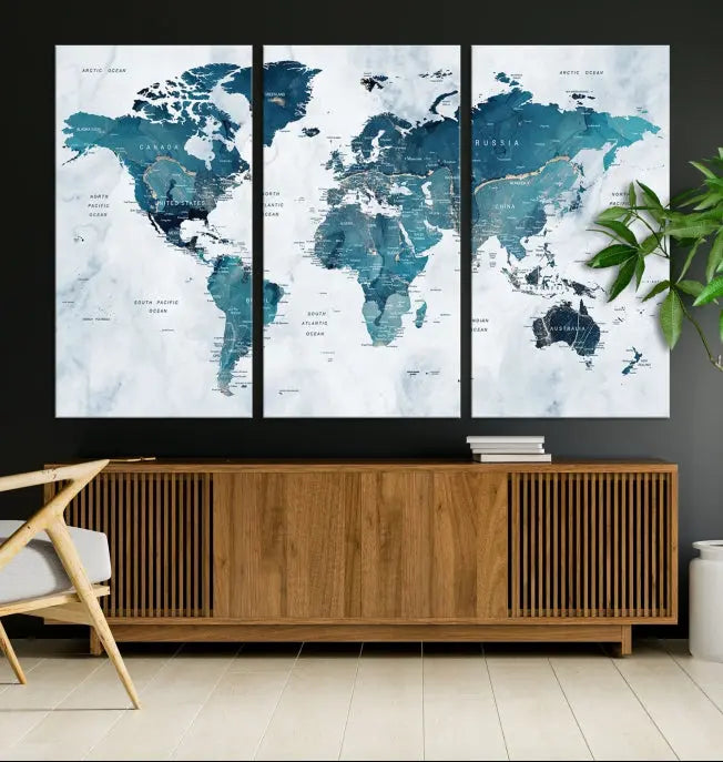 A Watercolor World Map Wall Art Canvas Print, crafted on museum-quality canvas, is displayed.