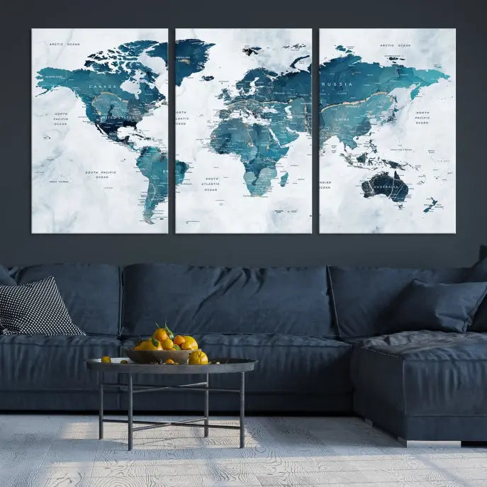 A Watercolor World Map Wall Art Canvas Print, crafted on museum-quality canvas, is displayed.