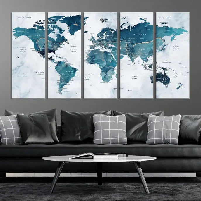 A Watercolor World Map Wall Art Canvas Print, crafted on museum-quality canvas, is displayed.