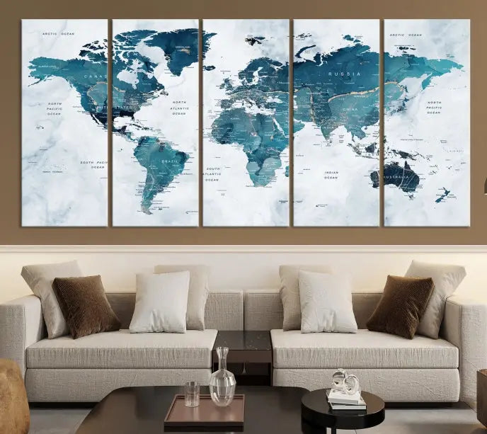 A Watercolor World Map Wall Art Canvas Print, crafted on museum-quality canvas, is displayed.