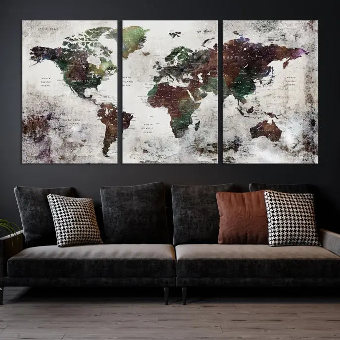 A museum-quality Watercolor World Map Wall Art Canvas Print hangs prominently, enhancing the modern living room's sophisticated look.