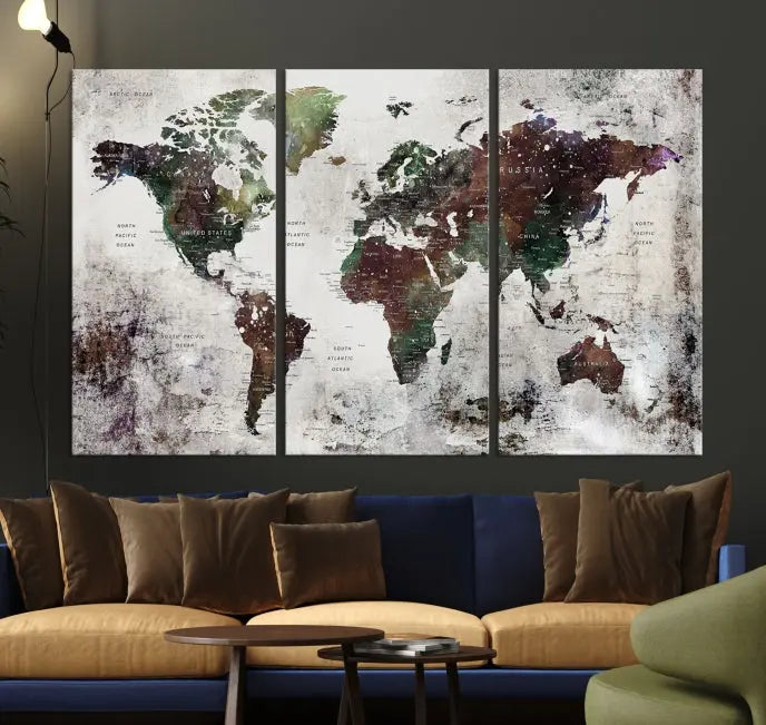 A museum-quality Watercolor World Map Wall Art Canvas Print hangs prominently, enhancing the modern living room's sophisticated look.