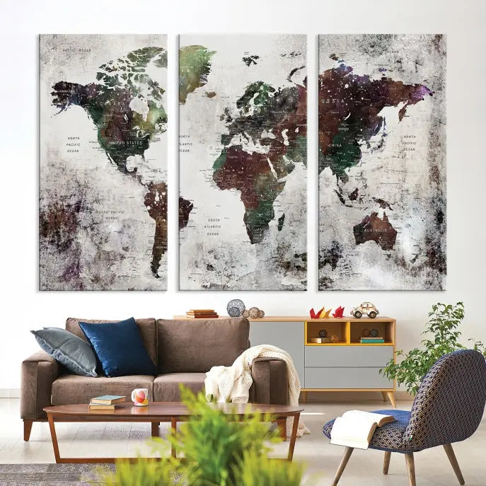 A museum-quality Watercolor World Map Wall Art Canvas Print hangs prominently, enhancing the modern living room's sophisticated look.