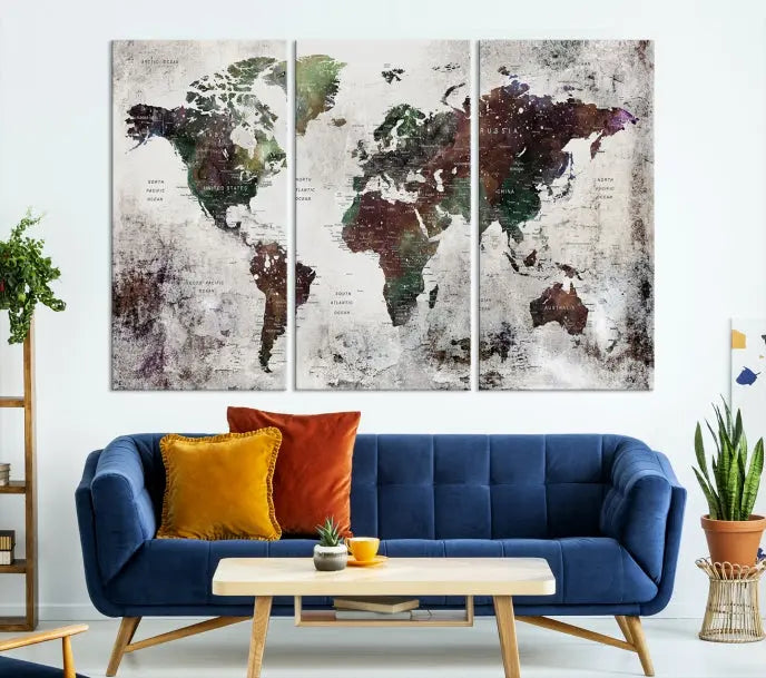 A museum-quality Watercolor World Map Wall Art Canvas Print hangs prominently, enhancing the modern living room's sophisticated look.