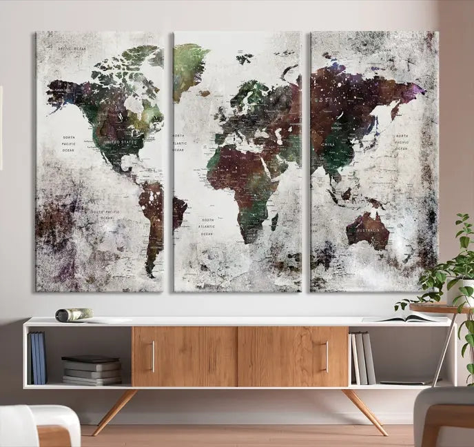 A museum-quality Watercolor World Map Wall Art Canvas Print hangs prominently, enhancing the modern living room's sophisticated look.