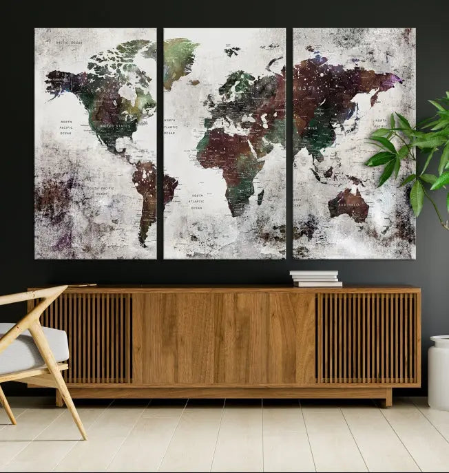 A museum-quality Watercolor World Map Wall Art Canvas Print hangs prominently, enhancing the modern living room's sophisticated look.