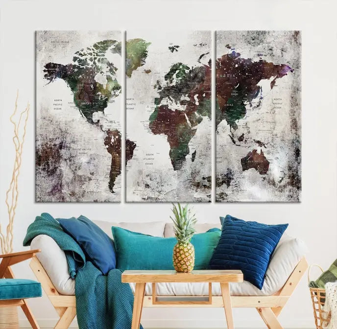 A museum-quality Watercolor World Map Wall Art Canvas Print hangs prominently, enhancing the modern living room's sophisticated look.