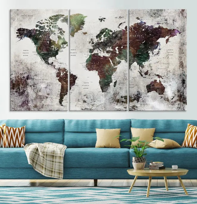 A museum-quality Watercolor World Map Wall Art Canvas Print hangs prominently, enhancing the modern living room's sophisticated look.