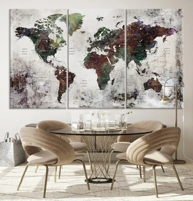 A museum-quality Watercolor World Map Wall Art Canvas Print hangs prominently, enhancing the modern living room's sophisticated look.