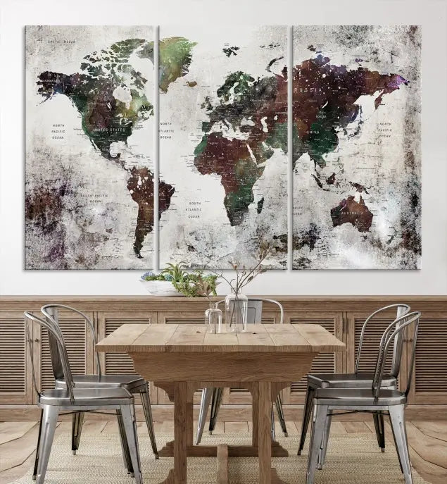 A museum-quality Watercolor World Map Wall Art Canvas Print hangs prominently, enhancing the modern living room's sophisticated look.