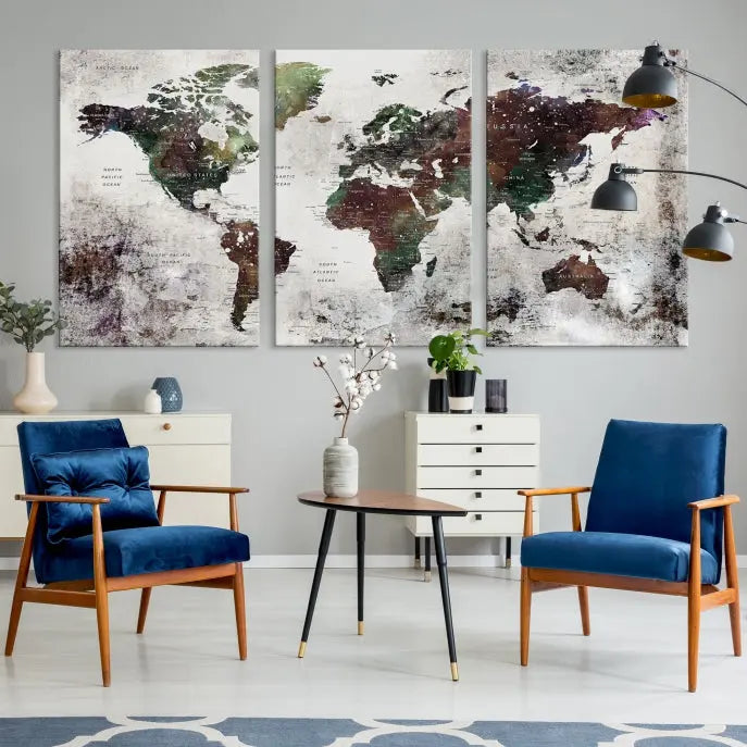 A museum-quality Watercolor World Map Wall Art Canvas Print hangs prominently, enhancing the modern living room's sophisticated look.