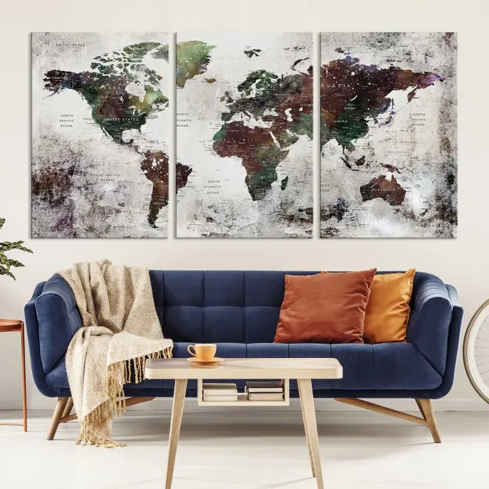 A museum-quality Watercolor World Map Wall Art Canvas Print hangs prominently, enhancing the modern living room's sophisticated look.