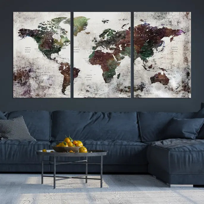 A museum-quality Watercolor World Map Wall Art Canvas Print hangs prominently, enhancing the modern living room's sophisticated look.