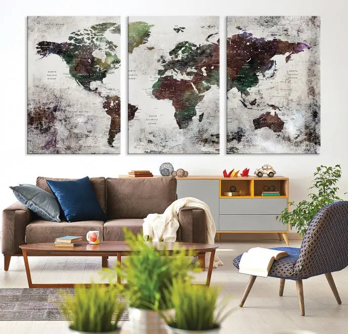 A museum-quality Watercolor World Map Wall Art Canvas Print hangs prominently, enhancing the modern living room's sophisticated look.