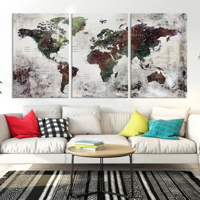 A museum-quality Watercolor World Map Wall Art Canvas Print hangs prominently, enhancing the modern living room's sophisticated look.