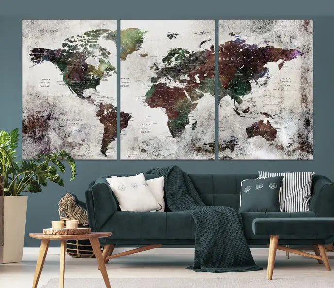 A museum-quality Watercolor World Map Wall Art Canvas Print hangs prominently, enhancing the modern living room's sophisticated look.