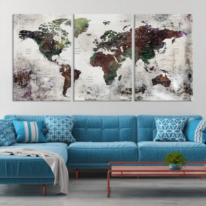 A museum-quality Watercolor World Map Wall Art Canvas Print hangs prominently, enhancing the modern living room's sophisticated look.