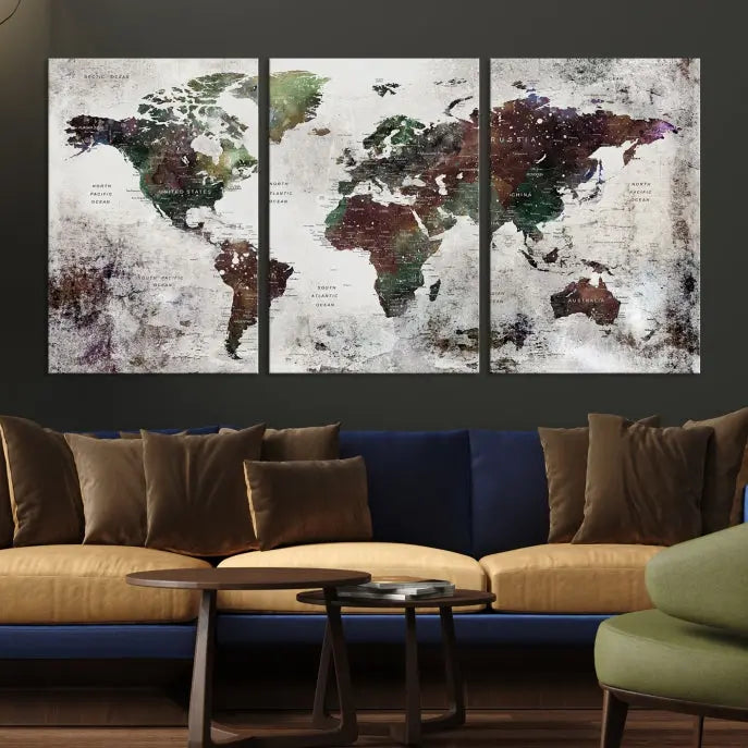 A museum-quality Watercolor World Map Wall Art Canvas Print hangs prominently, enhancing the modern living room's sophisticated look.