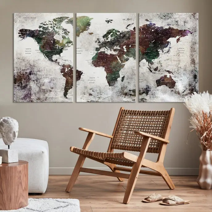 A museum-quality Watercolor World Map Wall Art Canvas Print hangs prominently, enhancing the modern living room's sophisticated look.