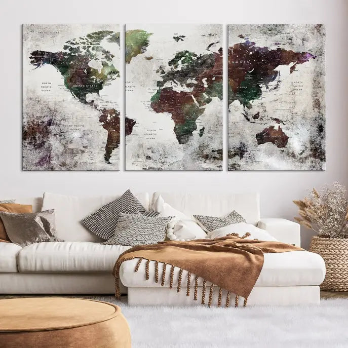 A museum-quality Watercolor World Map Wall Art Canvas Print hangs prominently, enhancing the modern living room's sophisticated look.