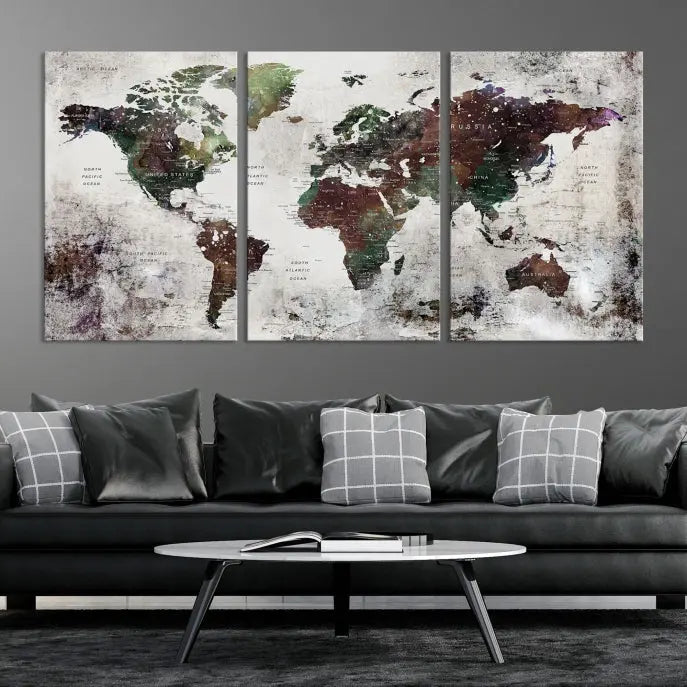 A museum-quality Watercolor World Map Wall Art Canvas Print hangs prominently, enhancing the modern living room's sophisticated look.