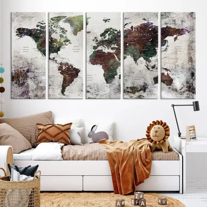 A museum-quality Watercolor World Map Wall Art Canvas Print hangs prominently, enhancing the modern living room's sophisticated look.