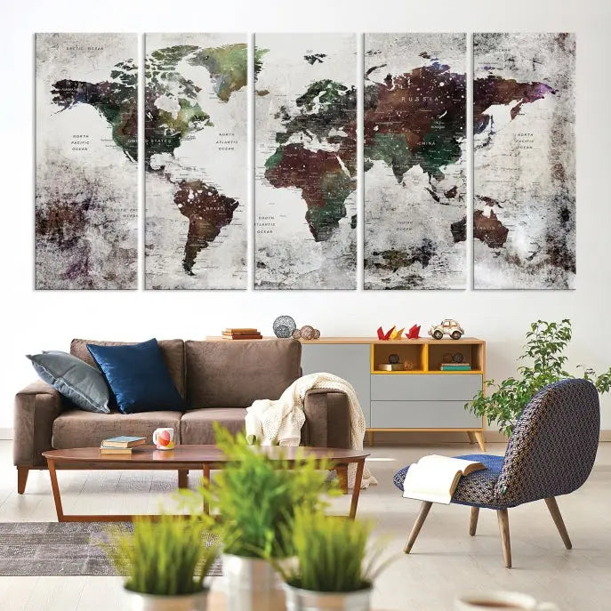 A museum-quality Watercolor World Map Wall Art Canvas Print hangs prominently, enhancing the modern living room's sophisticated look.