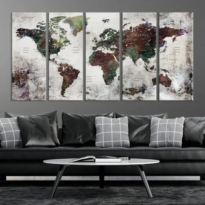 A museum-quality Watercolor World Map Wall Art Canvas Print hangs prominently, enhancing the modern living room's sophisticated look.