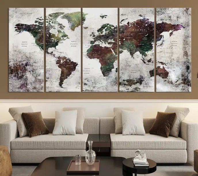 A museum-quality Watercolor World Map Wall Art Canvas Print hangs prominently, enhancing the modern living room's sophisticated look.