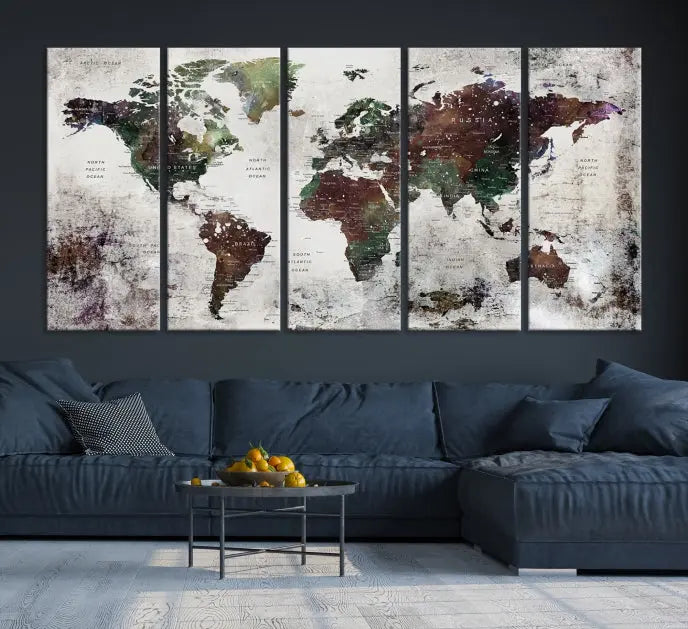 A museum-quality Watercolor World Map Wall Art Canvas Print hangs prominently, enhancing the modern living room's sophisticated look.