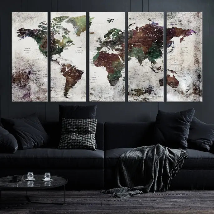 A museum-quality Watercolor World Map Wall Art Canvas Print hangs prominently, enhancing the modern living room's sophisticated look.