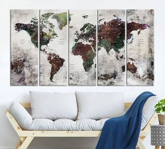 A museum-quality Watercolor World Map Wall Art Canvas Print hangs prominently, enhancing the modern living room's sophisticated look.