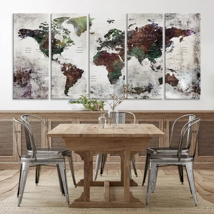 A museum-quality Watercolor World Map Wall Art Canvas Print hangs prominently, enhancing the modern living room's sophisticated look.