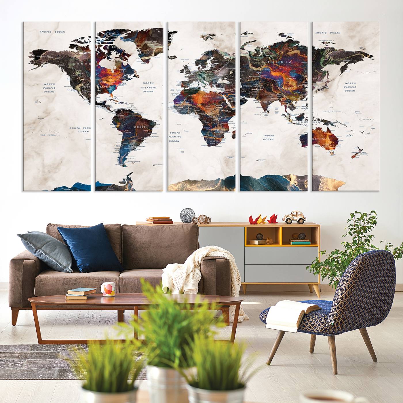 90881-MGV-CV-60X31-5P-Watercolor World Map Wall Art Canvas Print