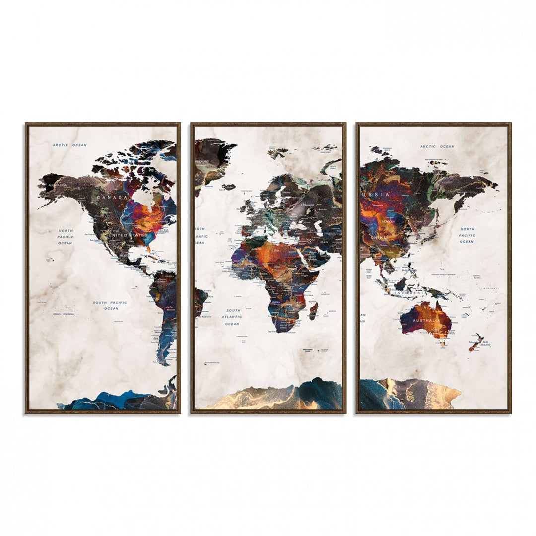 90881-MGV-FC-48X32-3P_Walnut-Watercolor World Map Wall Art Canvas Print